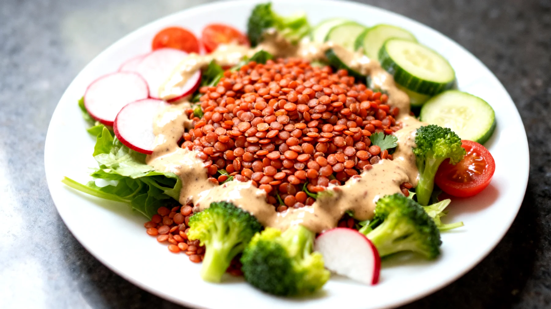 Insalata di lenticchie rosse con tahina e verdure crude"