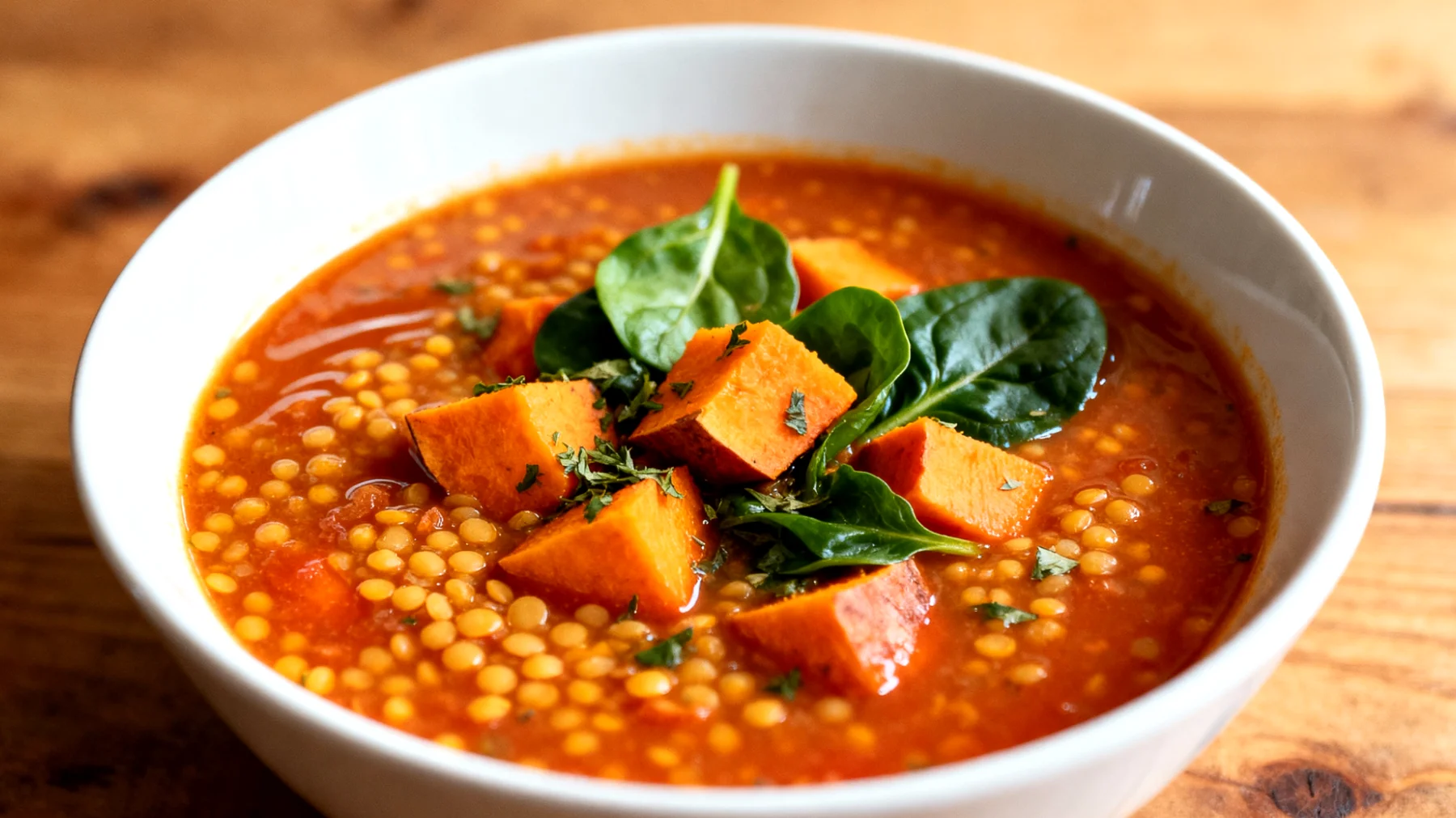 Zuppa di lenticchie rosse con patate dolci e spinaci"