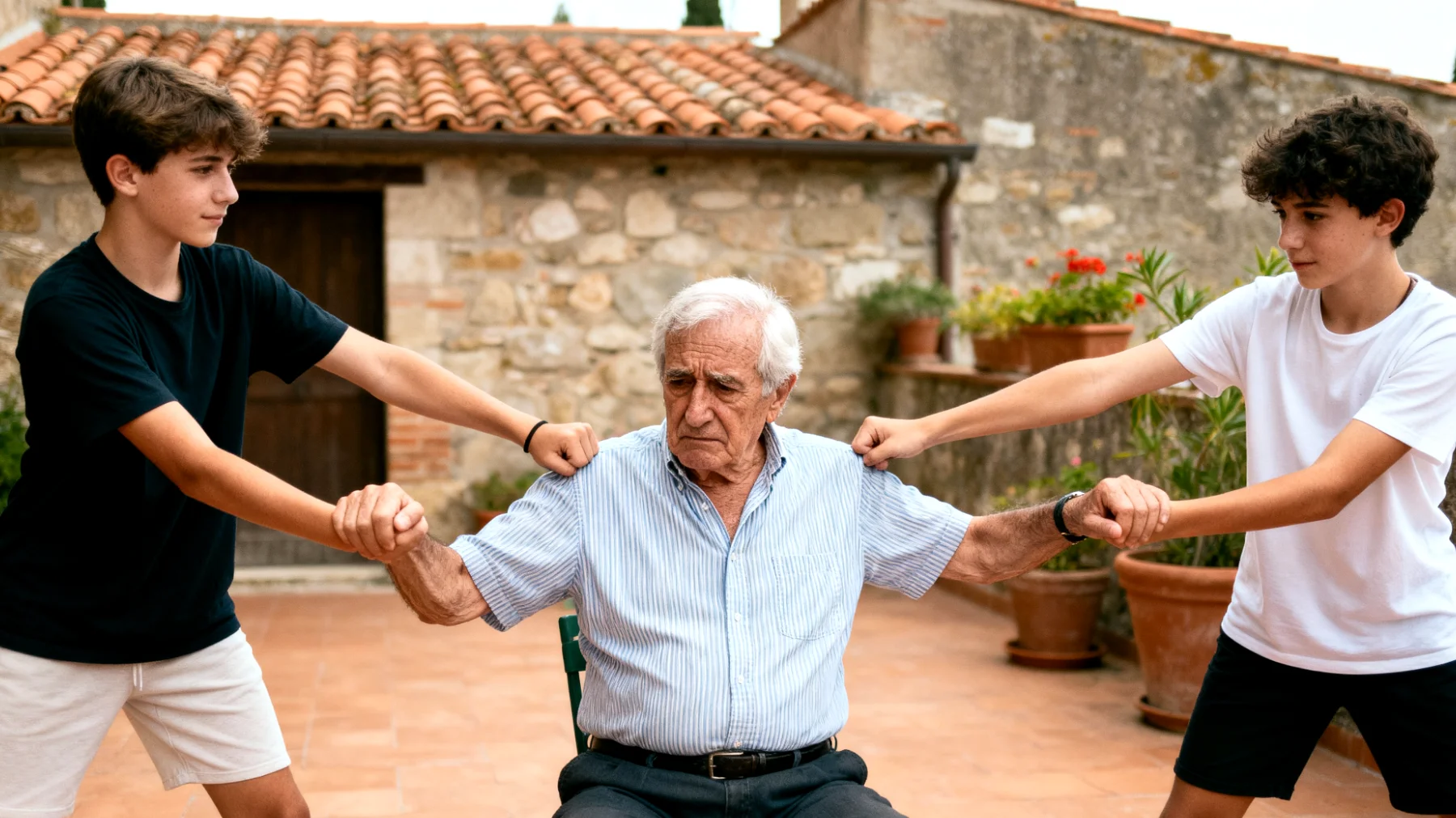 Il nonno si trova a gestire la gelosia e la rivalità tra nipoti adolescenti, con dinamiche di competizione per le sue attenzioni, confronti continui tra fratelli/cugini e difficoltà nel trattare tutti in modo equo senza alimentare conflitti o favorire involontariamente uno rispetto agli altri"
