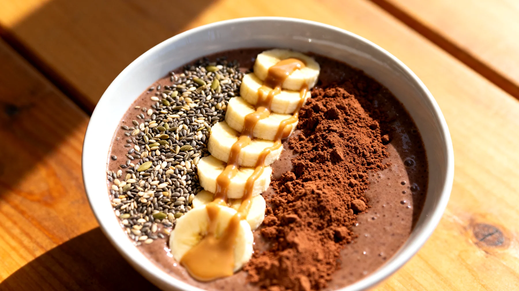 Smoothie bowl con semi di canapa, banana, burro di mandorle e cacao crudo"