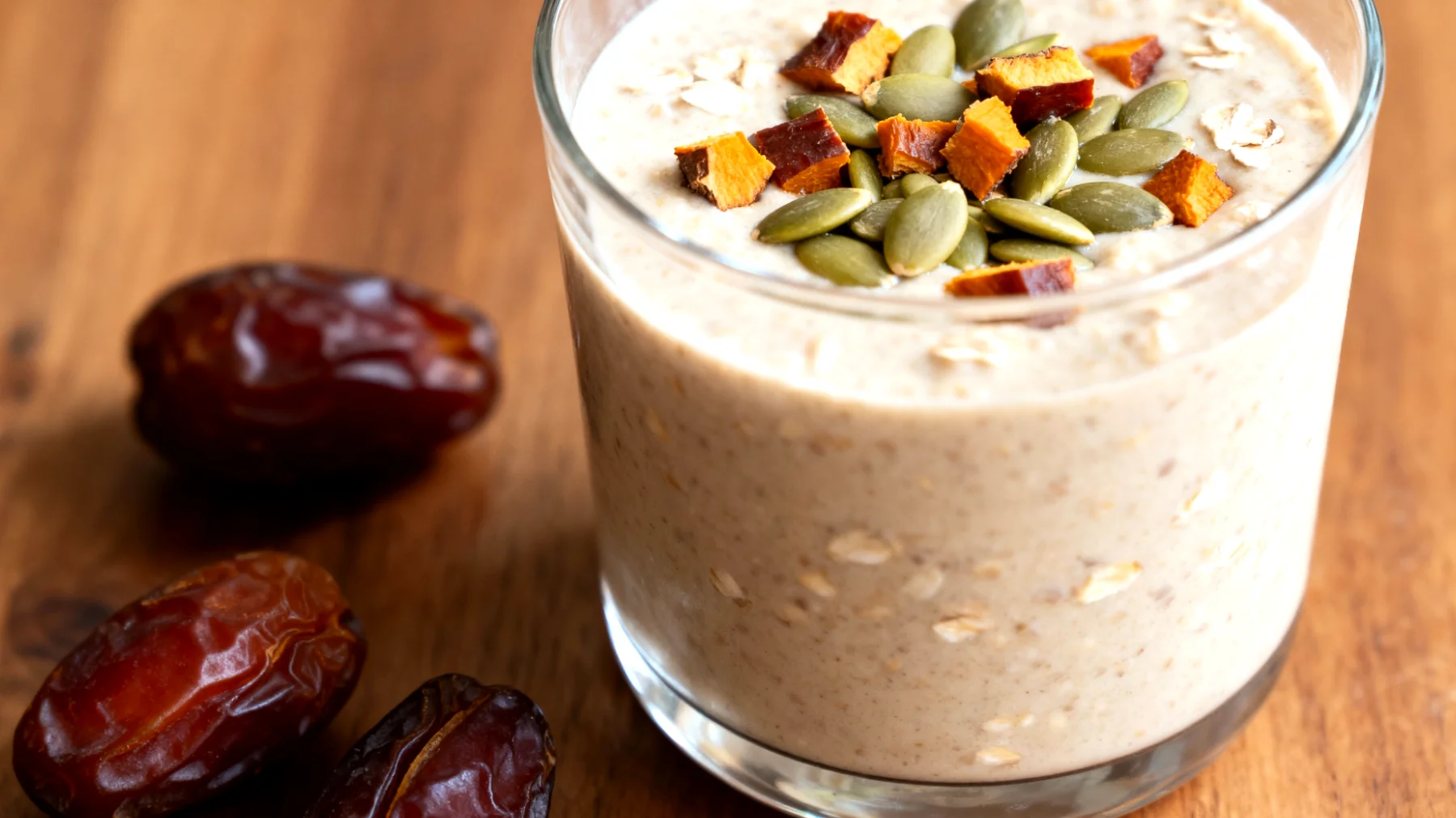 Smoothie di avena fermentata con semi di zucca e datteri"