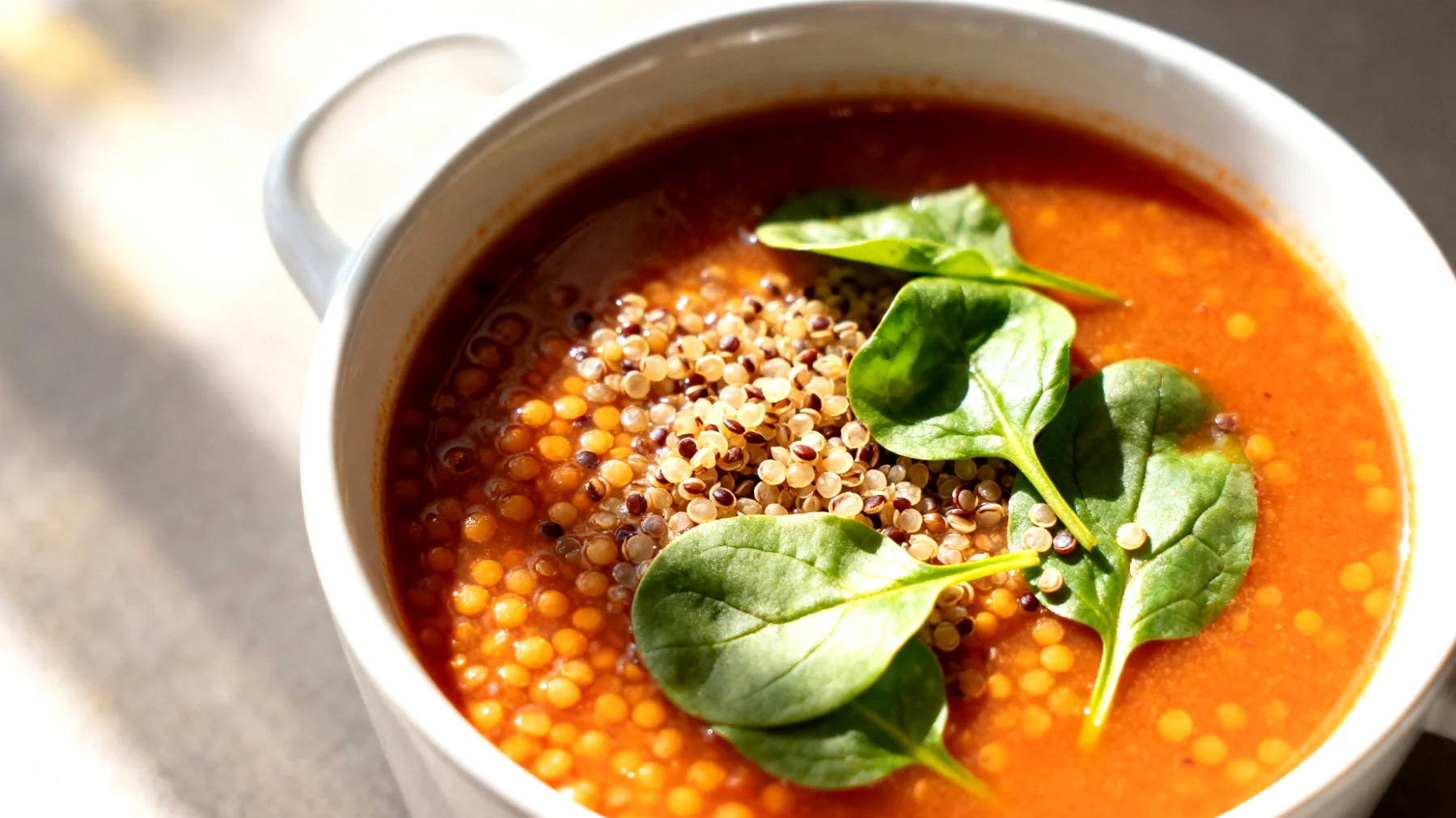 Zuppa di lenticchie rosse con quinoa e spinaci"