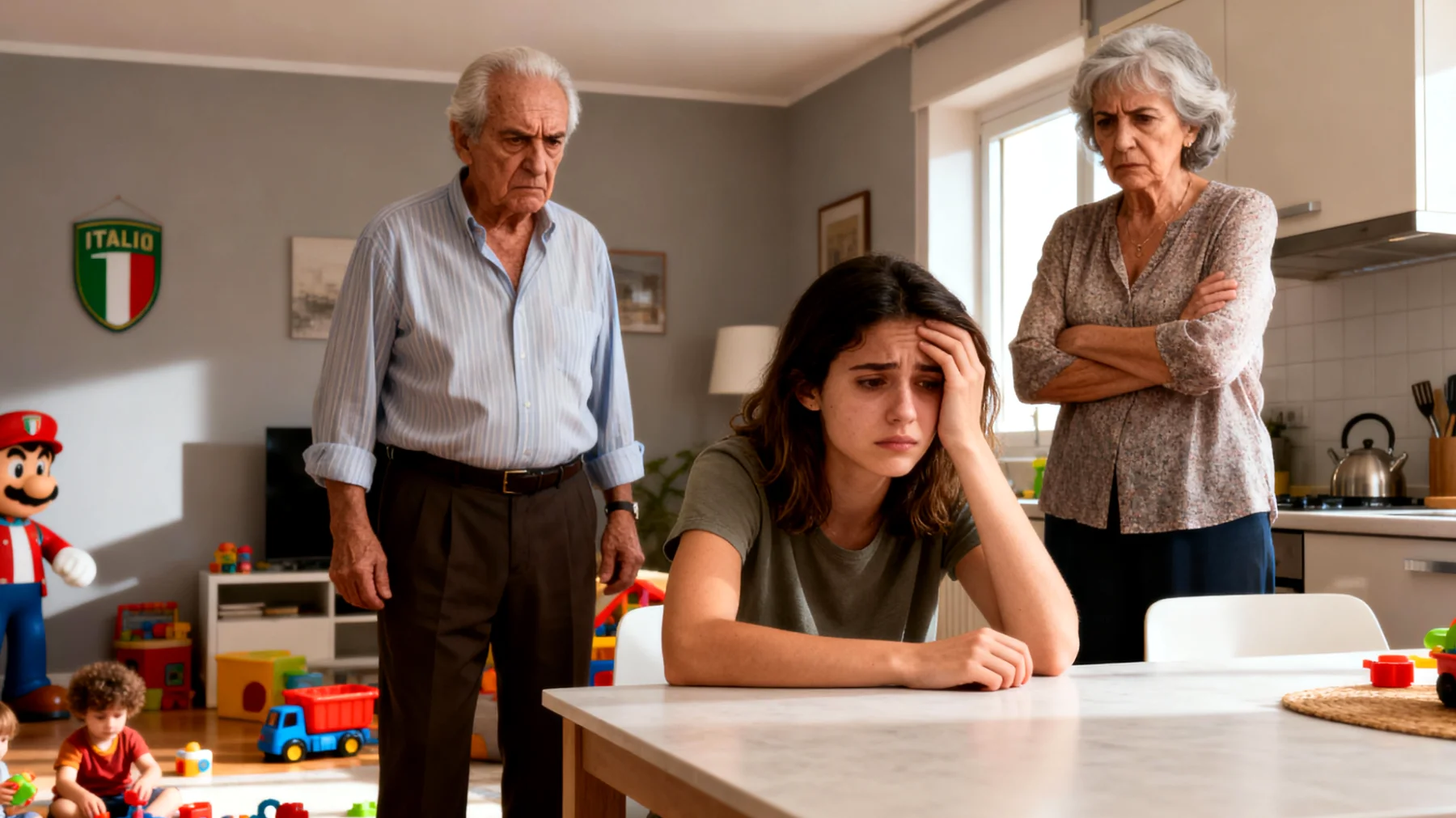 Una mamma con bambini piccoli fatica a trovare un equilibrio educativo perché si sente giudicata dai propri genitori che criticano il suo approccio moderno alla genitorialità, creando tensioni e insicurezza nelle scelte quotidiane."