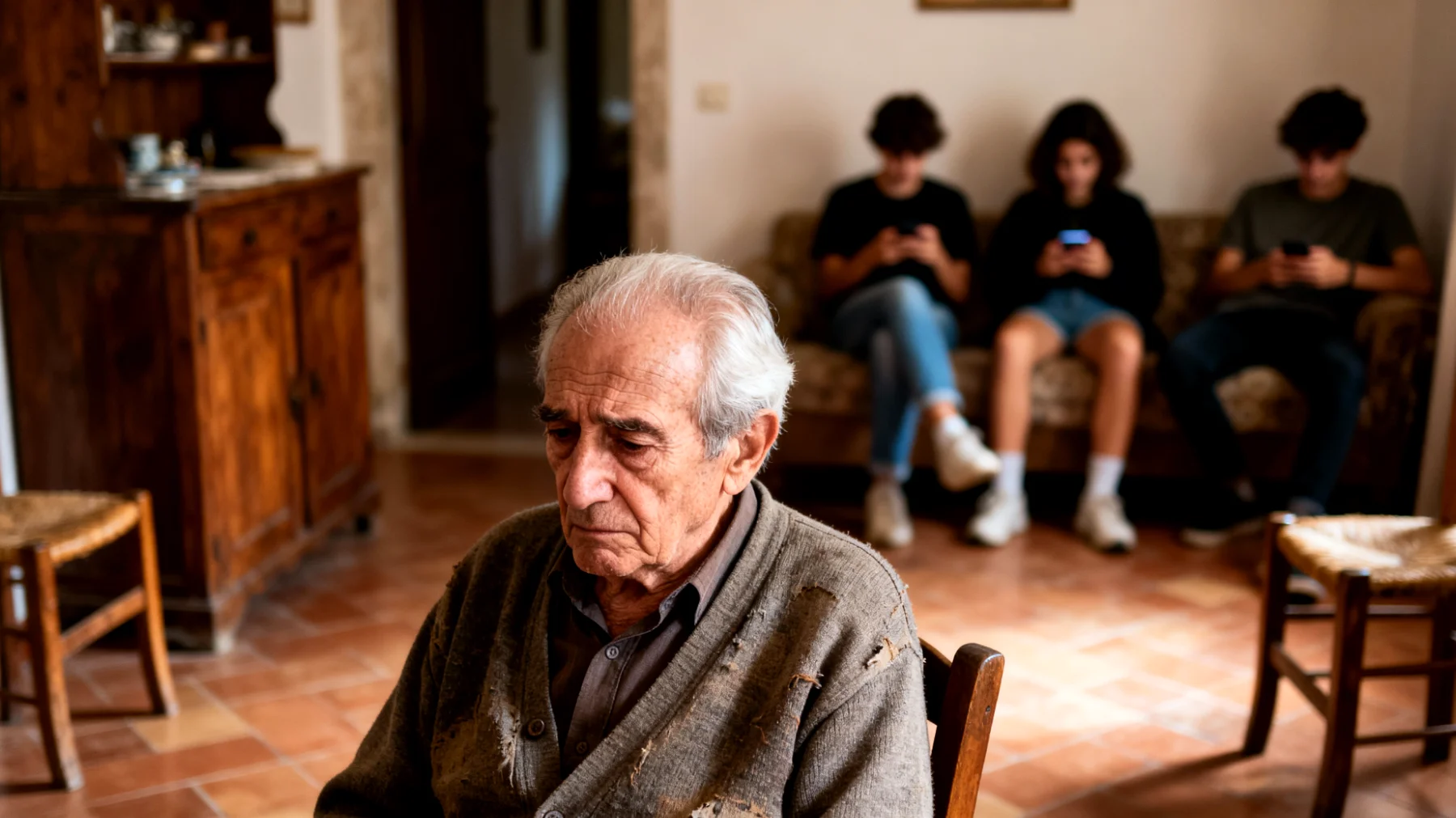 Il nonno si sente trascurato e poco valorizzato dai nipoti giovani adulti che non collaborano nelle attività quotidiane quando vengono a trovarlo, rimanendo distaccati e poco partecipativi nella vita familiare condivisa"